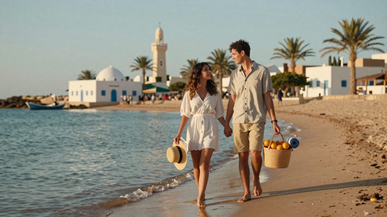 Casal a passear na praia descalços, com cesto de frutas e chapéu, junto a edifícios brancos e palmeiras.