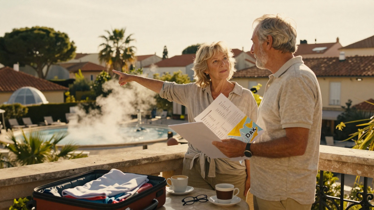 Casal sénior numa varanda com mala, mapa e café, olhando para piscina e ambiente relaxante ao fundo.