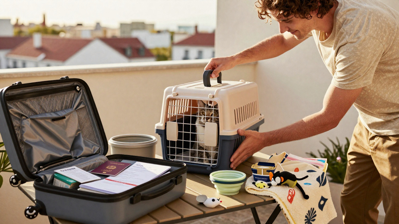 Homem a colocar gato numa transportadora para viagem, com mala aberta e artigos de viagem numa mesa.