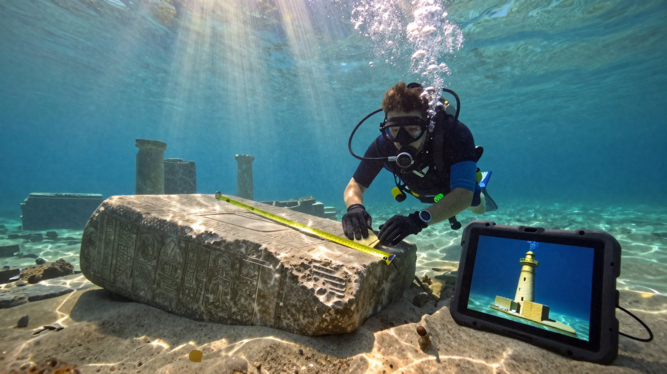 Mergulhador a medir bloco com inscrições antigas no fundo do mar, com tablet a mostrar imagem do monumento.