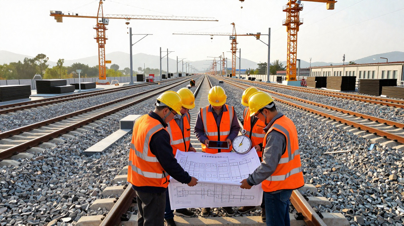 Cinco operários com coletes e capacetes amarelos analisam planta junto a linhas de comboio em construção.