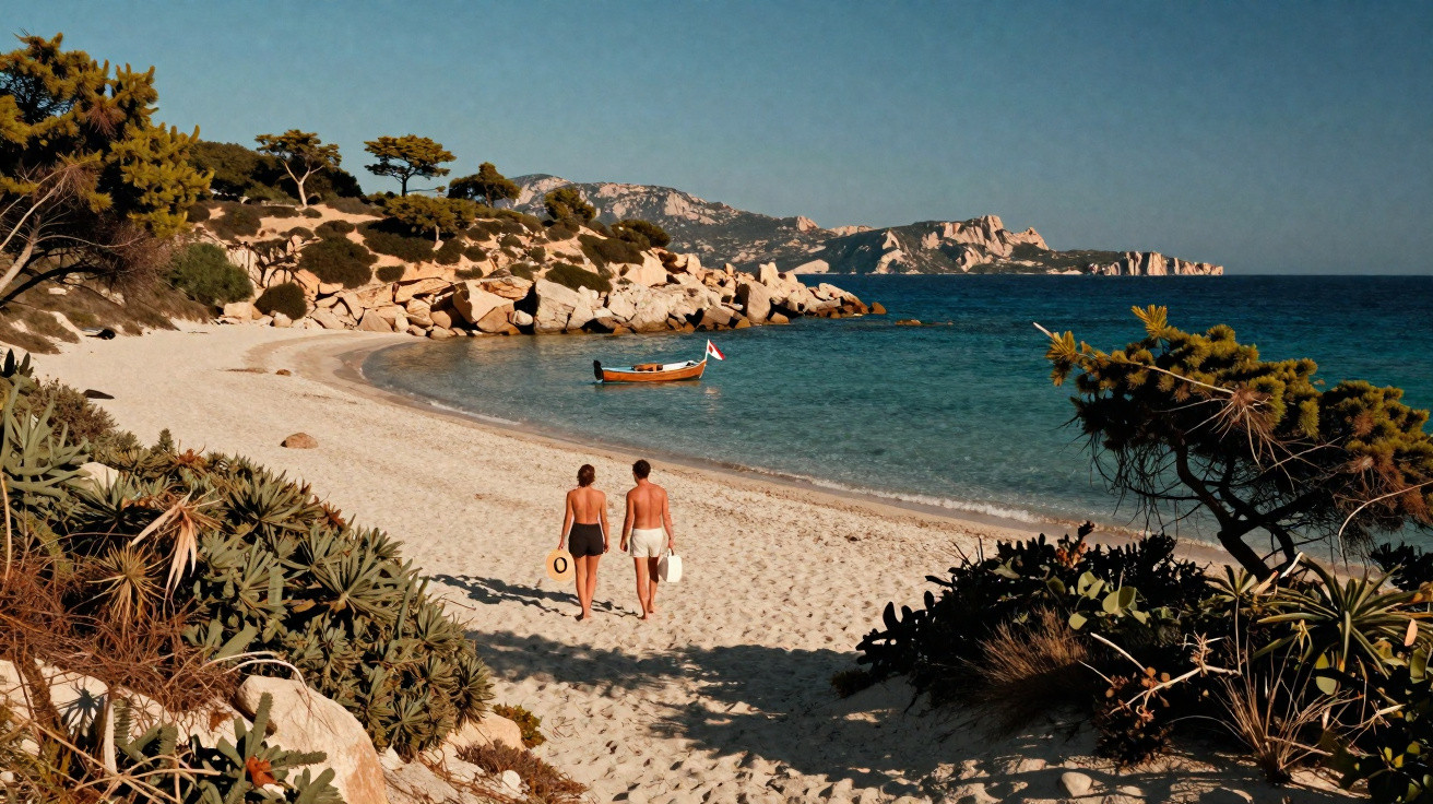 Casal a caminhar numa praia de areia branca com mar calmo e barco ancorado, árvores e rochas ao fundo.
