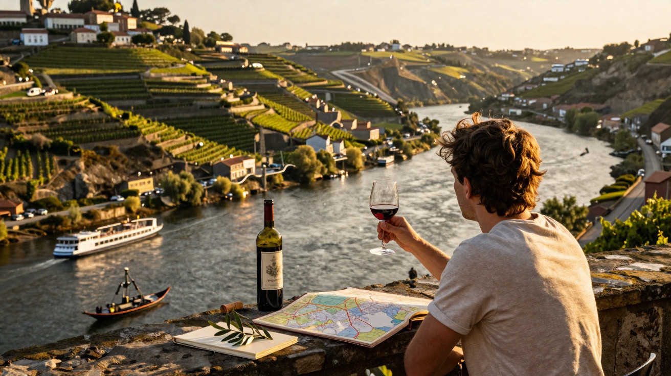 Homem contempla vinho do Porto com vista para o rio Douro e vinhas em socalcos ao pôr do sol.