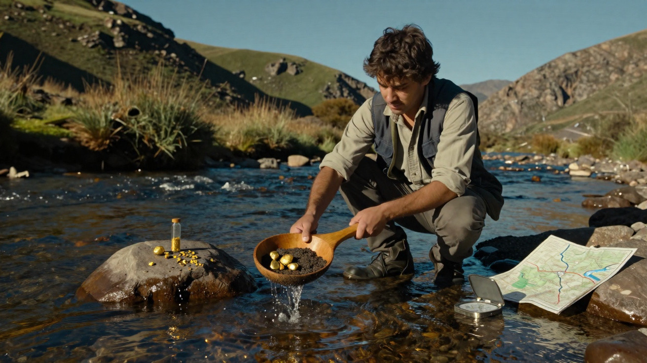 Homem a lavar ouro num rio com mapa e bússola na margem em cenário natural montanhoso.