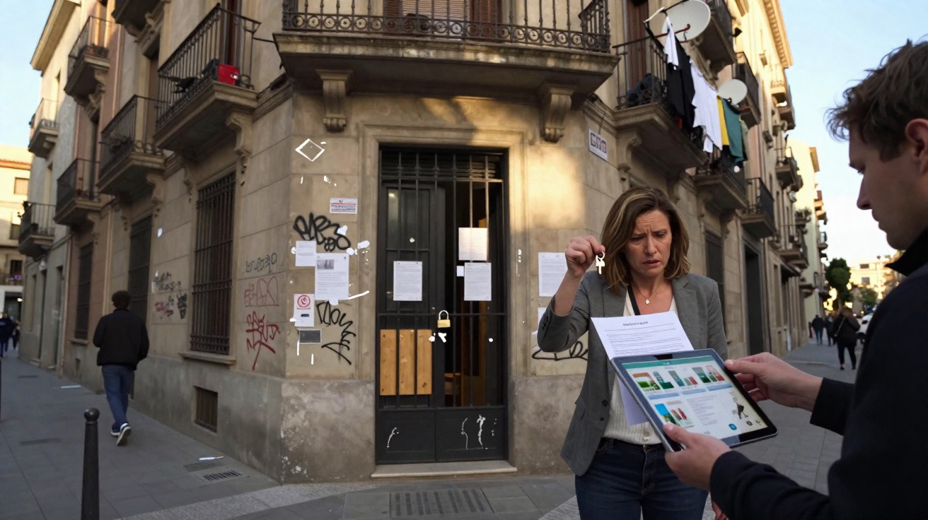 Mulher segura chaves e documento em frente a porta fechada com tábuas e cadeados numa rua urbana.