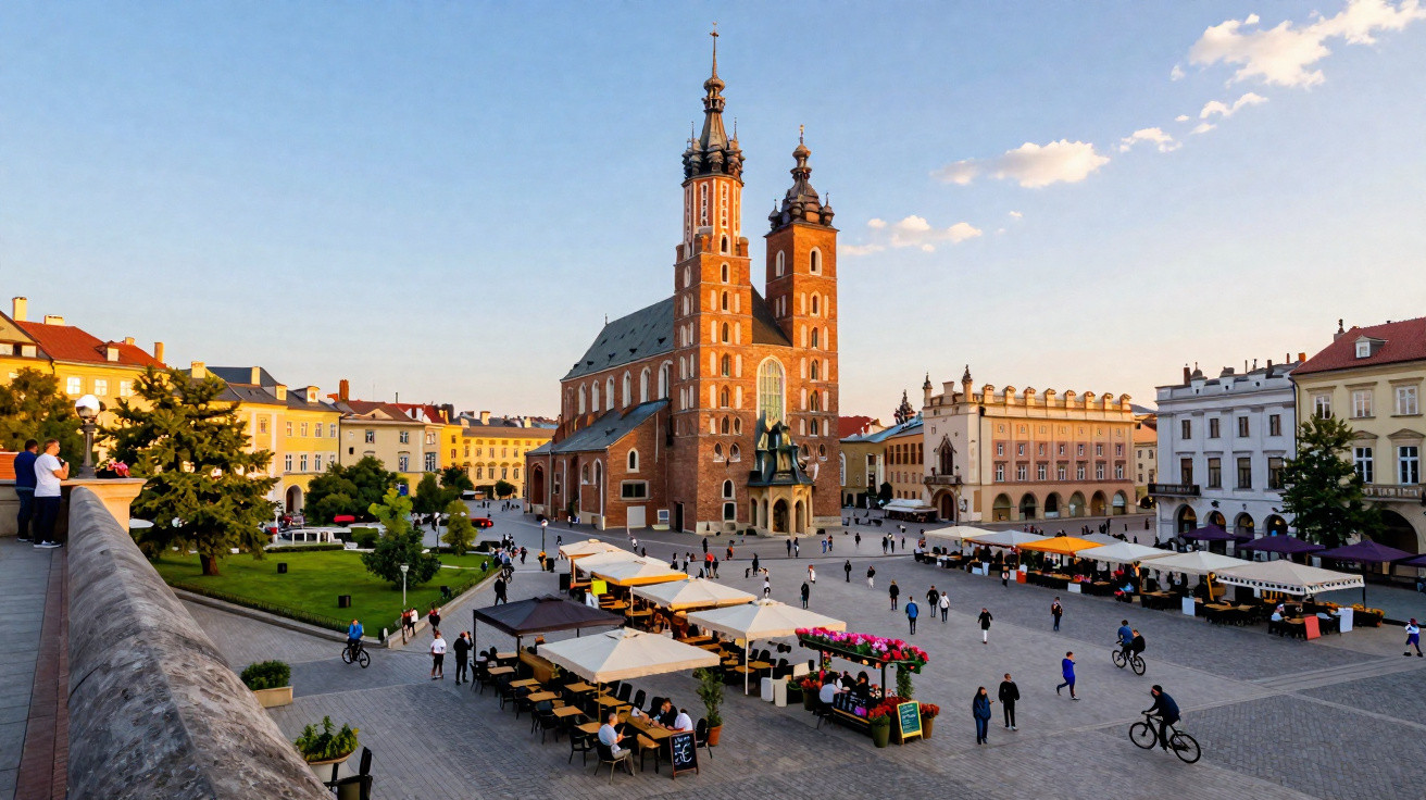 Praça central com catedral gótica, esplanadas e pessoas num dia ensolarado em Cracóvia, Polónia.