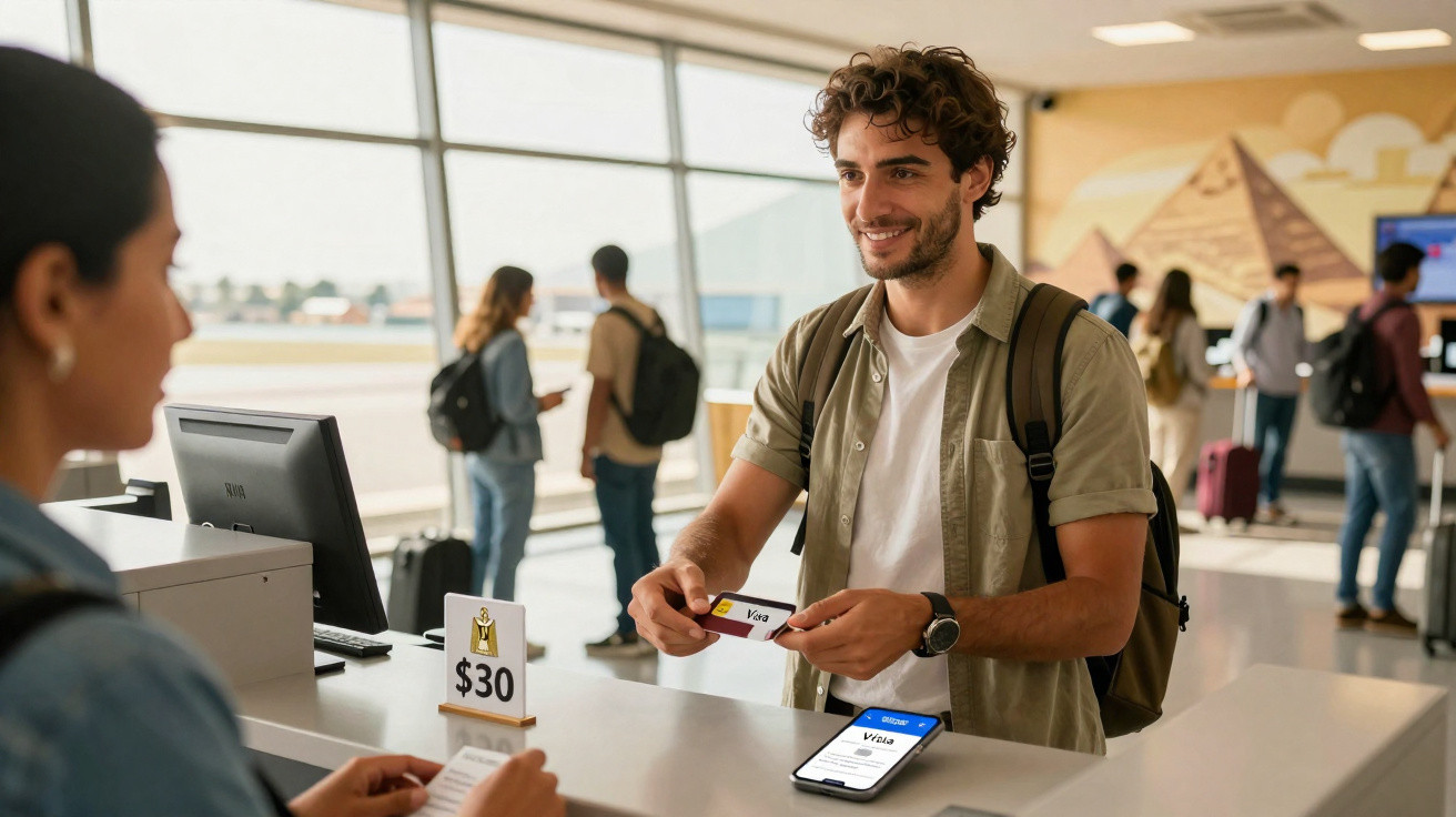 Homem a pagar com cartão num balcão de aeroporto, com pirâmides visíveis pela janela ao fundo.