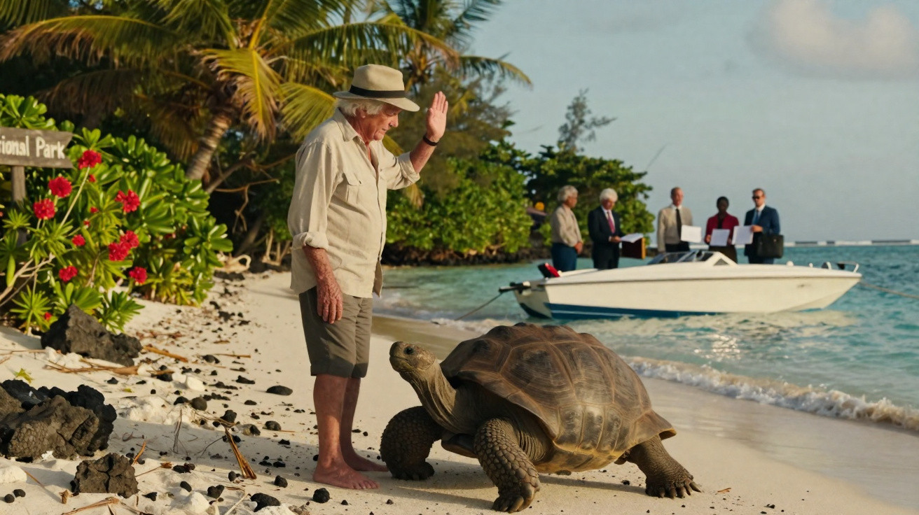 Homem idoso com chapéu na praia ao lado de tartaruga gigante, com mar e barco ao fundo num parque natural.