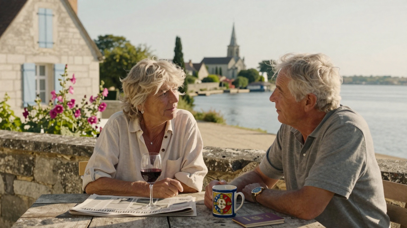 Casal sénior sentado ao ar livre junto a um rio, conversando e bebendo vinho e café numa mesa de pedra.
