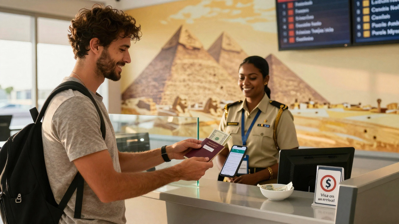Agente de controlo de fronteiras entrega passaporte a viajante que mostra visto digital no telemóvel.