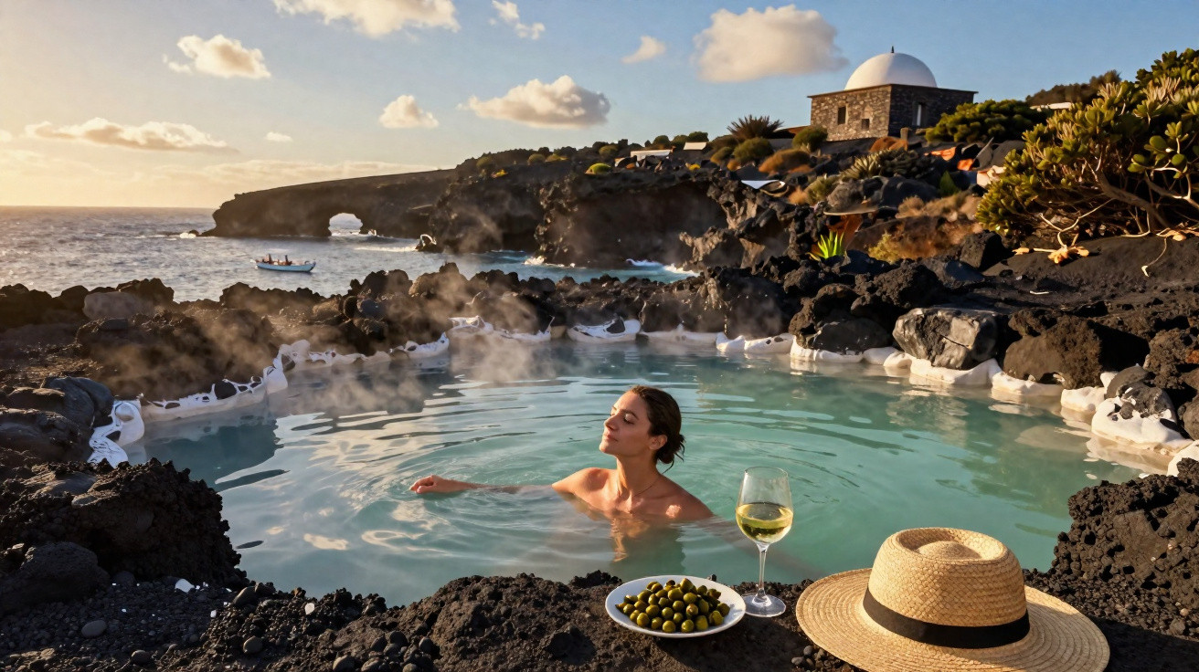 Mulher relaxa numa piscina natural de água quente junto ao mar, com chapéu, vinho e azeitonas na pedra.