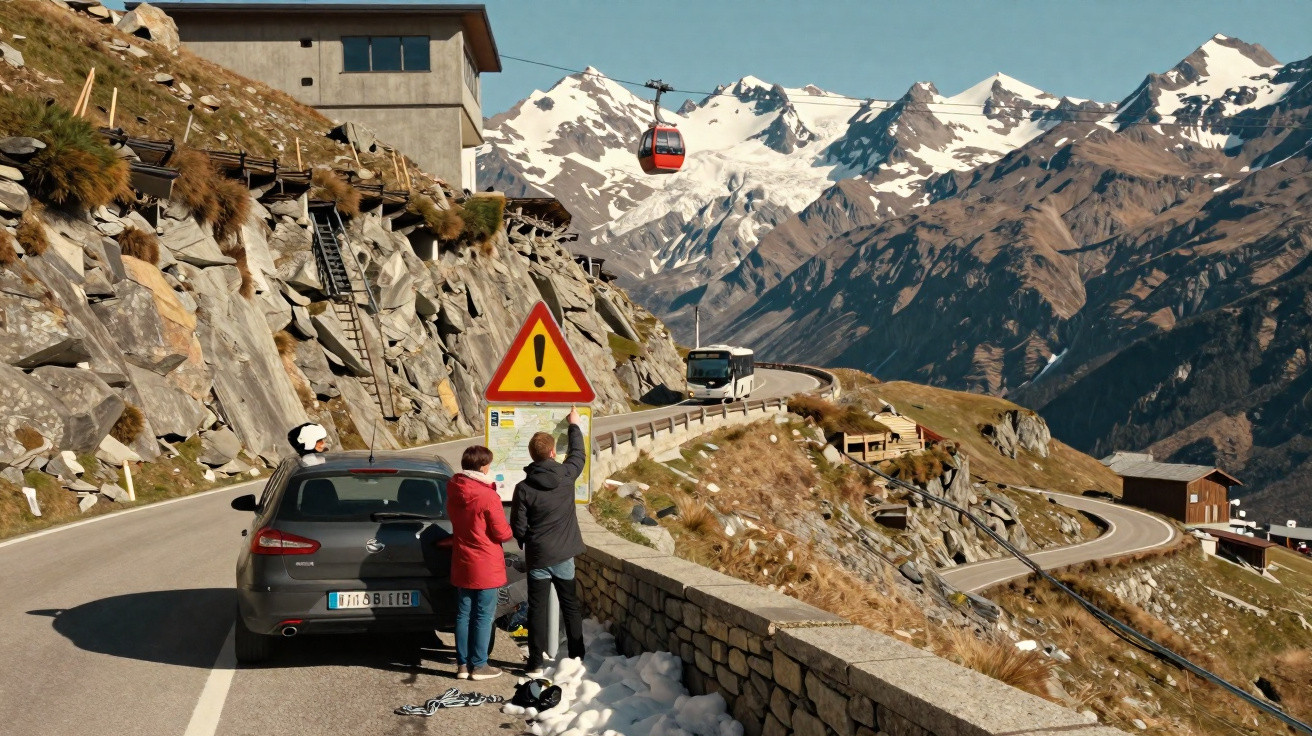Montanha com neve, estrada sinuosa, carro estacionado, três pessoas e um teleférico vermelho no céu.