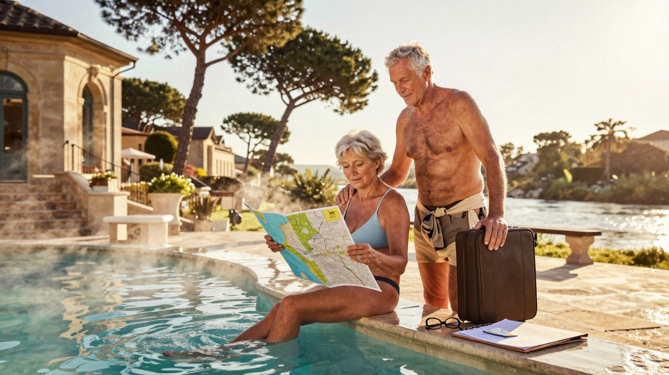 Casal sénior sentado à beira da piscina, a consultar um mapa, num dia soalheiro junto a uma casa luxuosa.