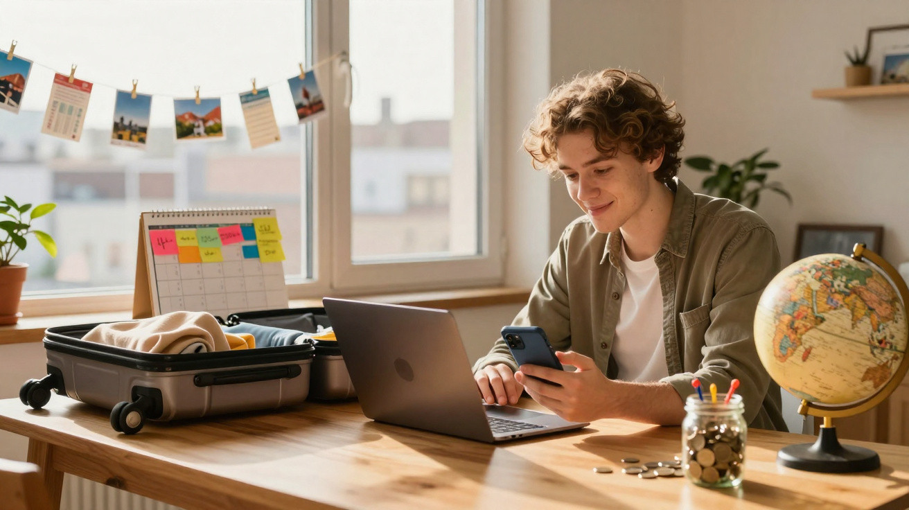 Jovem prepara viagem usando laptop e telemóvel, com mala aberta e globo terrestre numa mesa iluminada.