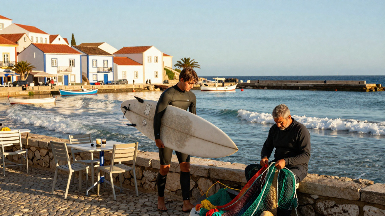Dois homens com fato de surf perto da praia, um com prancha e outro arrumando rede de pesca junto ao mar.