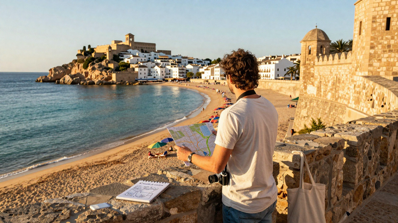 Homem vê mapa olhando para a praia com guarda-sóis coloridos e casas brancas em vila costeira ao pôr do sol.