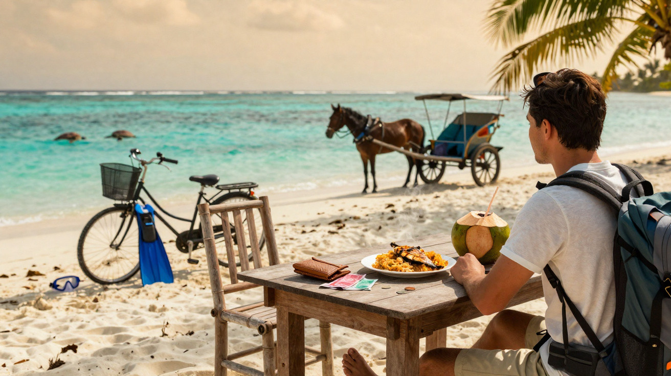 Homem sentado numa mesa na praia com comida, frente ao mar onde nadam tartarugas, com bicicleta e cavalo na areia.