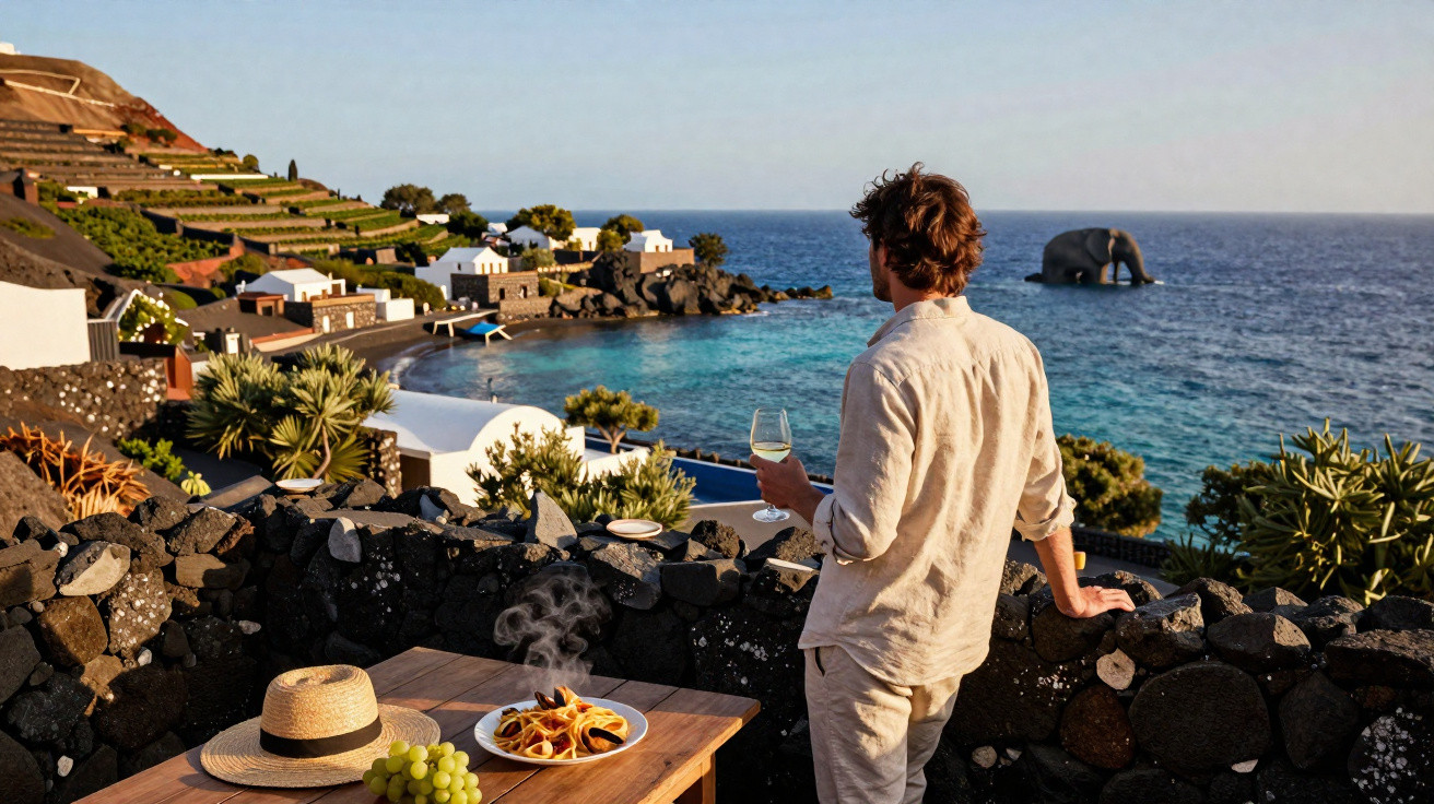 Homem com camisa clara segura copo de vinho junto a mesa com massa em terraço com vista para o mar e elefante.
