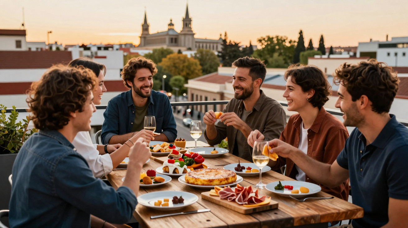 Grupo de jovens a jantar e confraternizar numa esplanada ao pôr do sol, com vista para edifícios históricos.