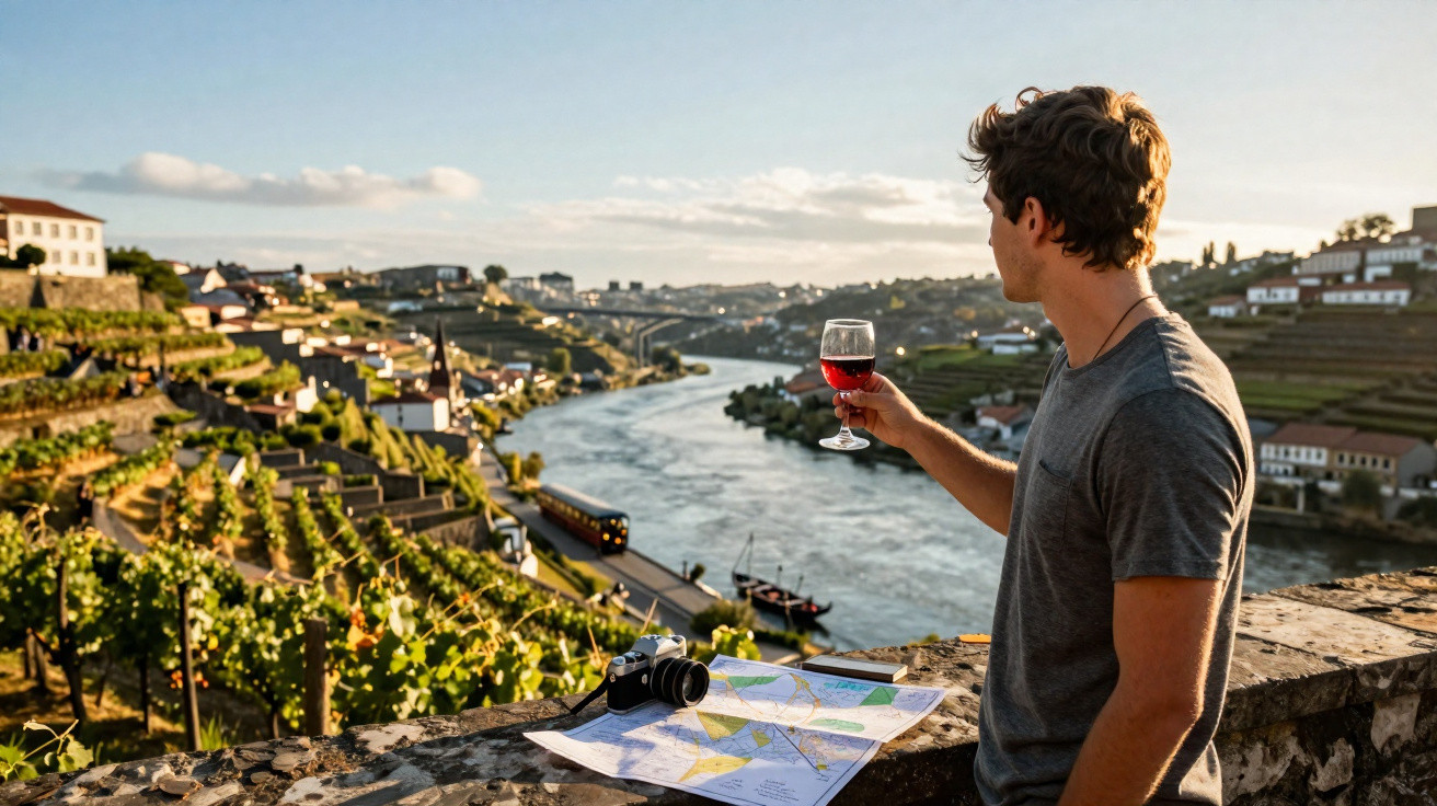 Homem com mochila segura copo de vinho tinto, olhando para o rio Douro e vinhas ao pôr do sol.