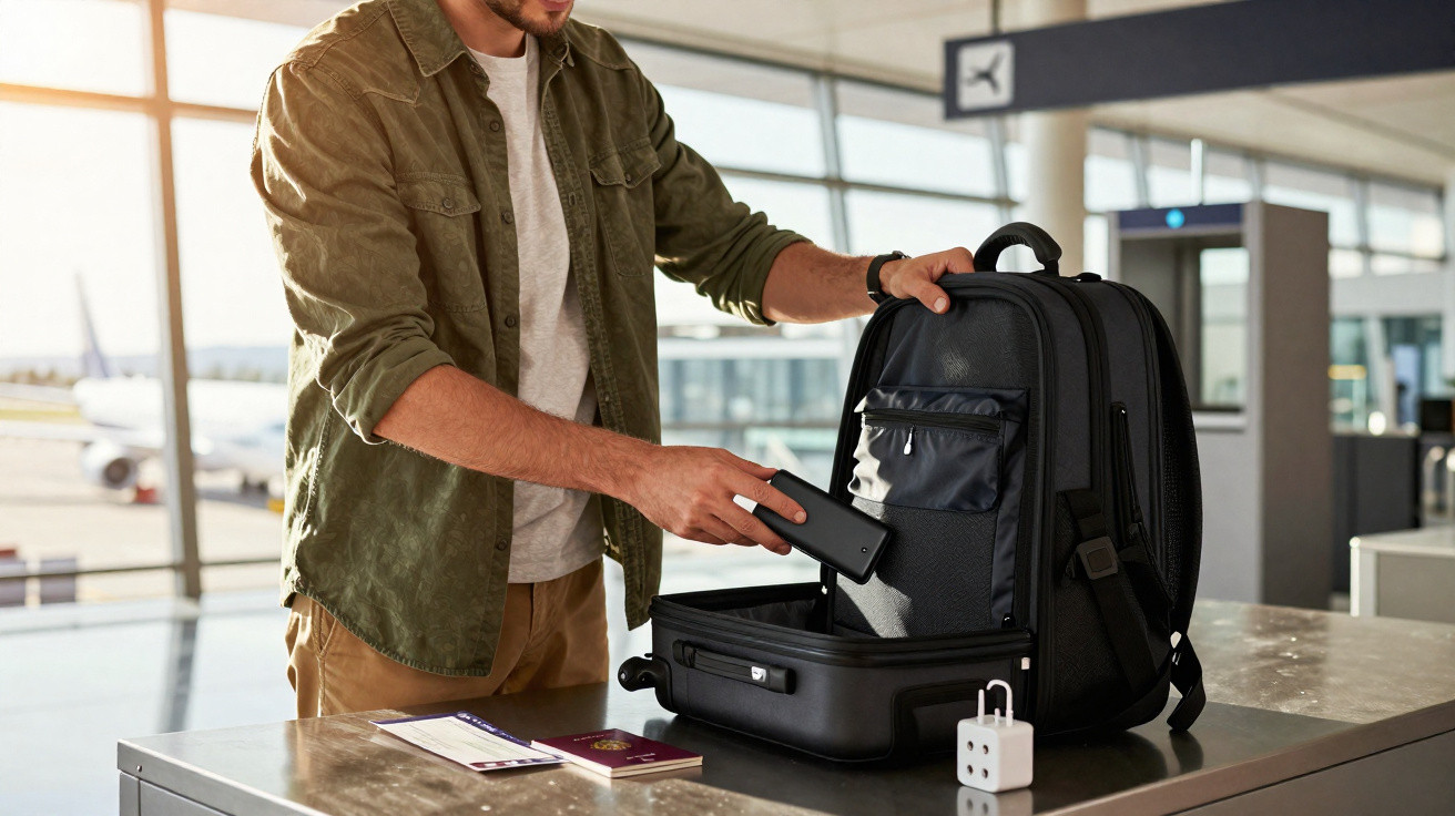Homem a organizar mochila dentro de mala de viagem preta num aeroporto.