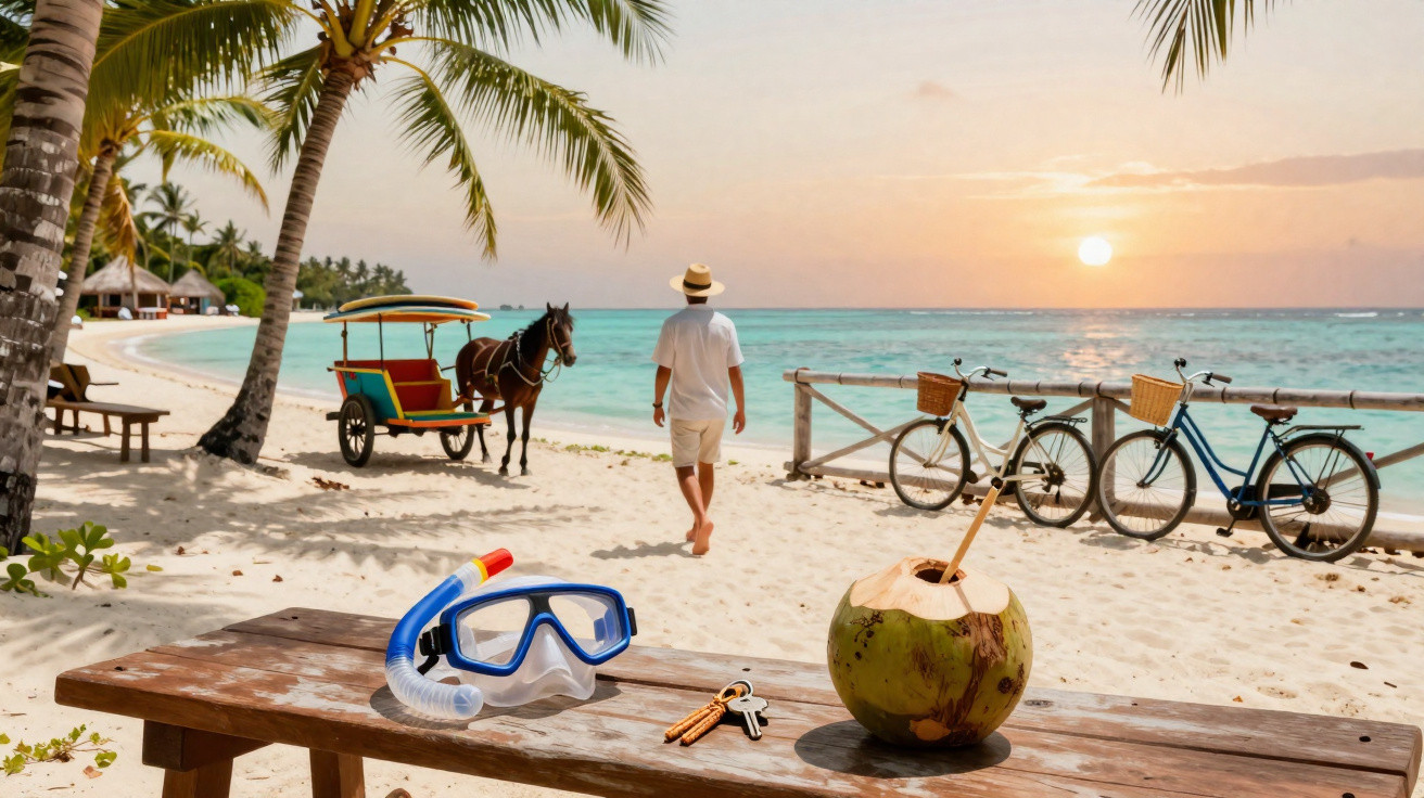 Praia tropical ao pôr do sol com mesa de madeira, máscara de mergulho, coco, bicicletas, cavalo e homem a caminhar.