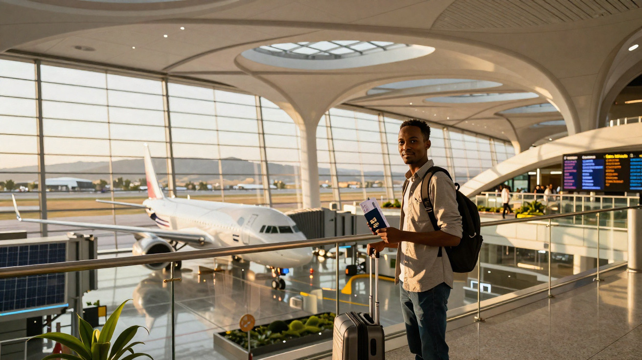 Homem com mochila e mala de viagem observa avião numa moderna área de embarque de aeroporto.