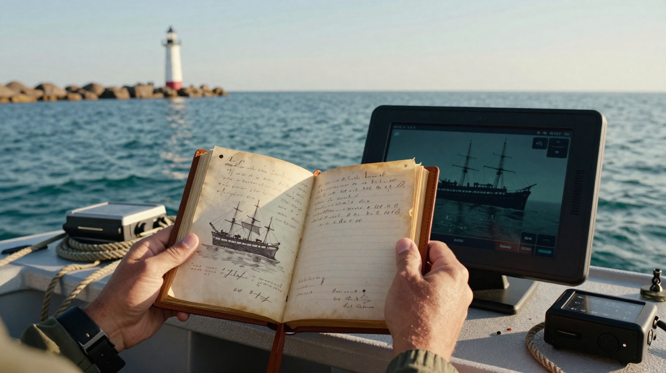 Mãos seguram livro antigo com desenho de barco, ao lado tablet com imagem digital do mesmo barco no mar.