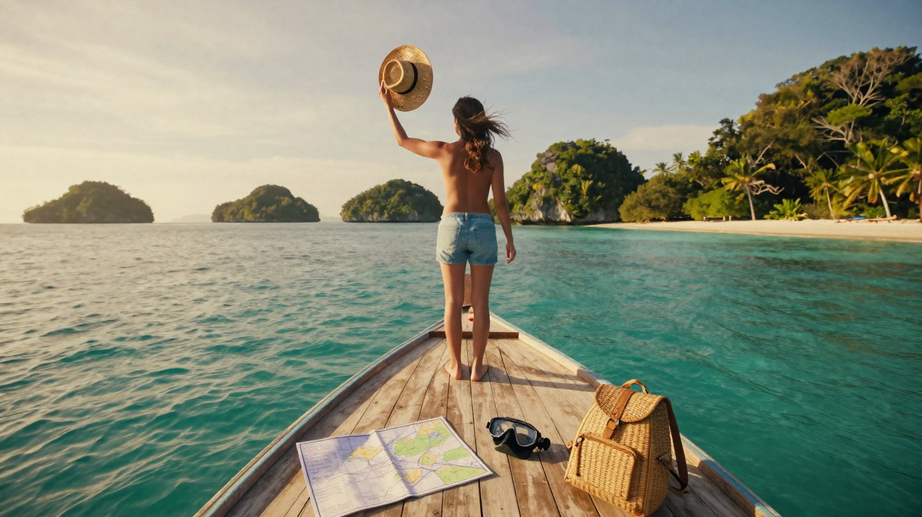 Mulher de costas em barco a olhar para ilhas tropicais com mochila, chapéu, mapa e óculos de mergulho.