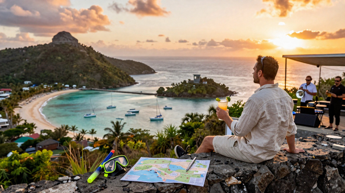 Homem sentado com bebida observa baía com veleiros ao pôr do sol, mapa e máscara de mergulho à sua frente.