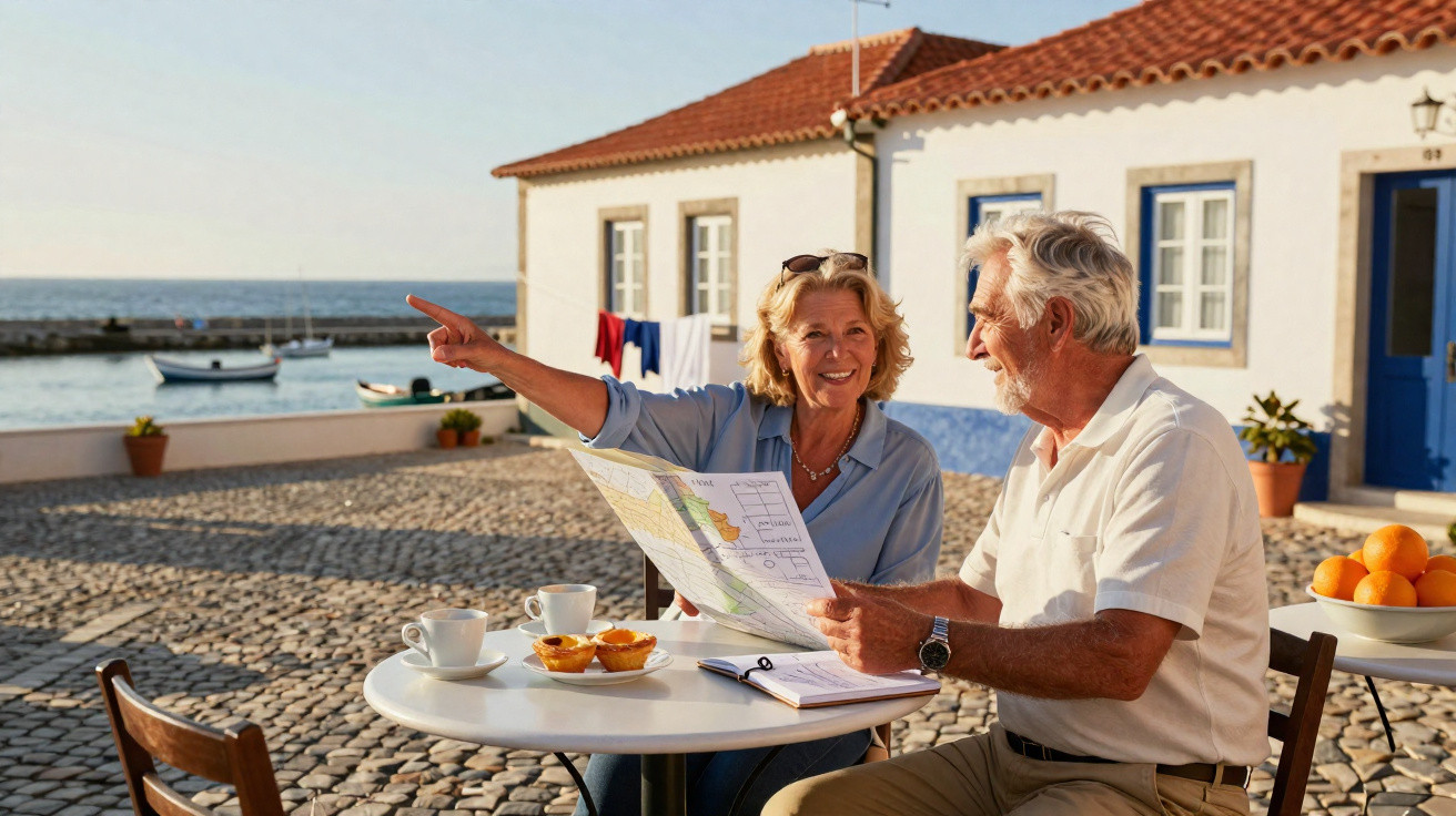Casal sénior a consultar mapa numa mesa ao ar livre, com vista para casas típicas e mar ao fundo.