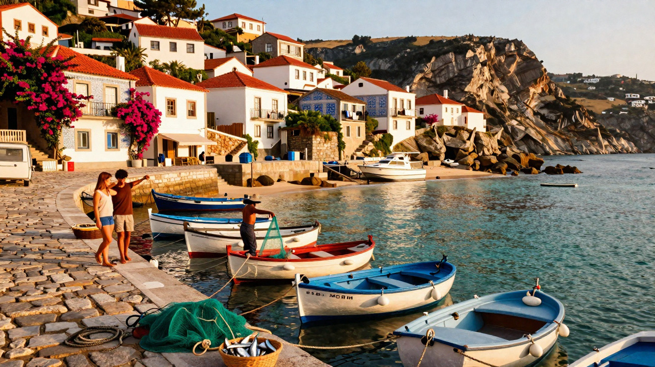 Costa com pescadores a arrumar redes, barcos coloridos, casas brancas com telhados rosas e casal a observar o mar.