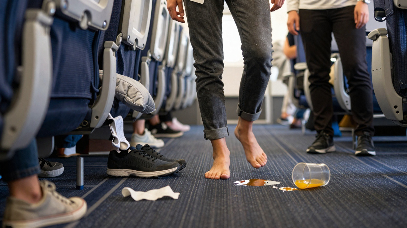 Pés descalços de uma pessoa caminhando pelo corredor de um avião com copo e comida caída no chão.