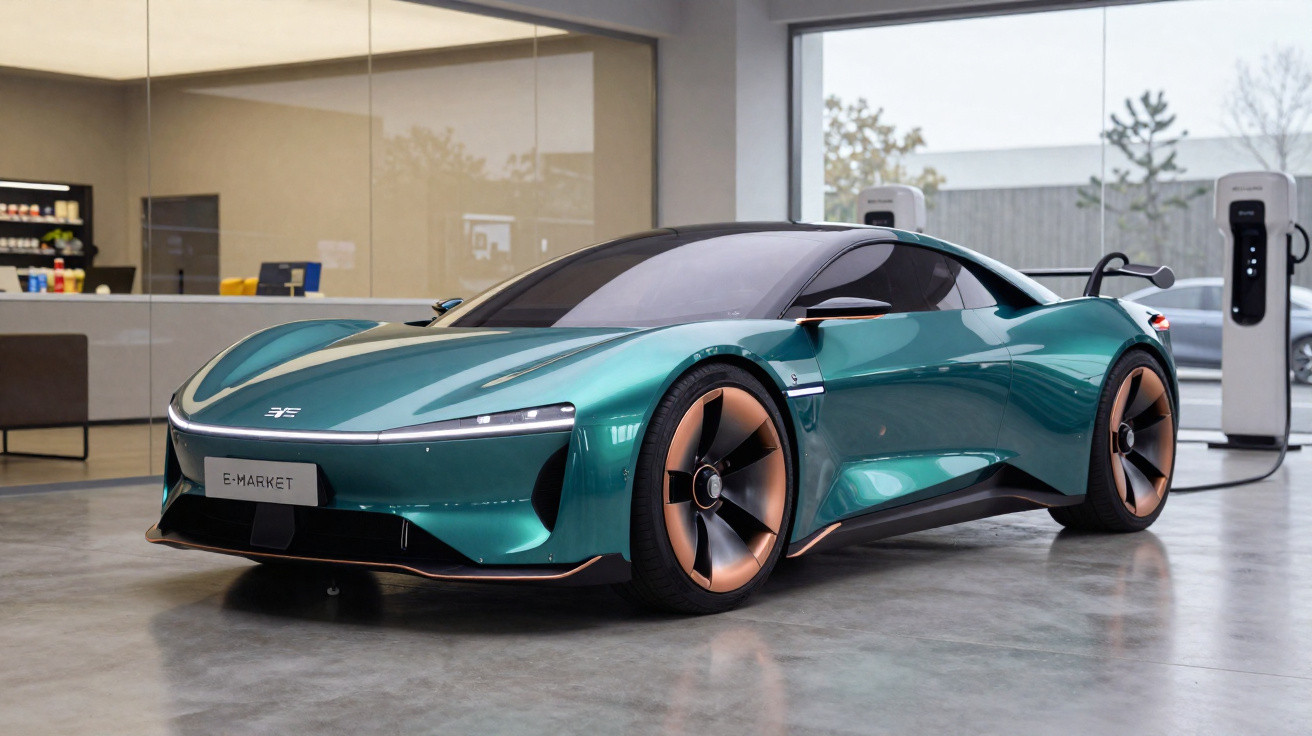 Carro desportivo elétrico azul metálico com design futurista em exposição numa loja moderna.
