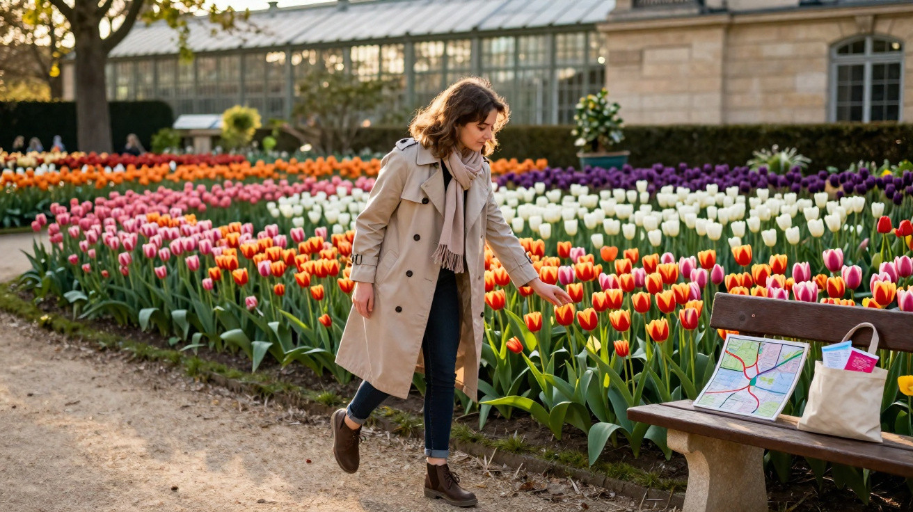 Mulher a olhar tulipas num jardim colorido com mapa e produtos numa banca de madeira ao lado.