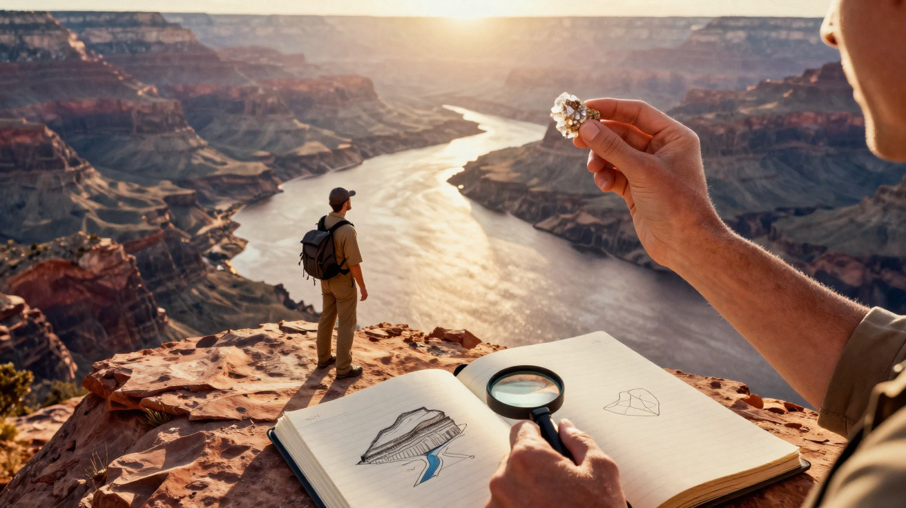 Pessoa a observar uma formação rochosa no Grand Canyon enquanto outra analisa uma pedra com lupa e desenha num caderno.