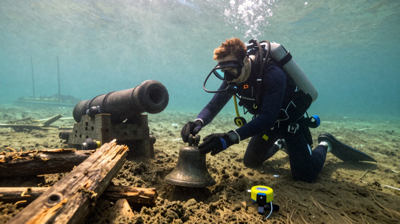 Mergulhador a explorar e examinar artefactos antigos, incluindo um canhão e um sino, no fundo do mar.