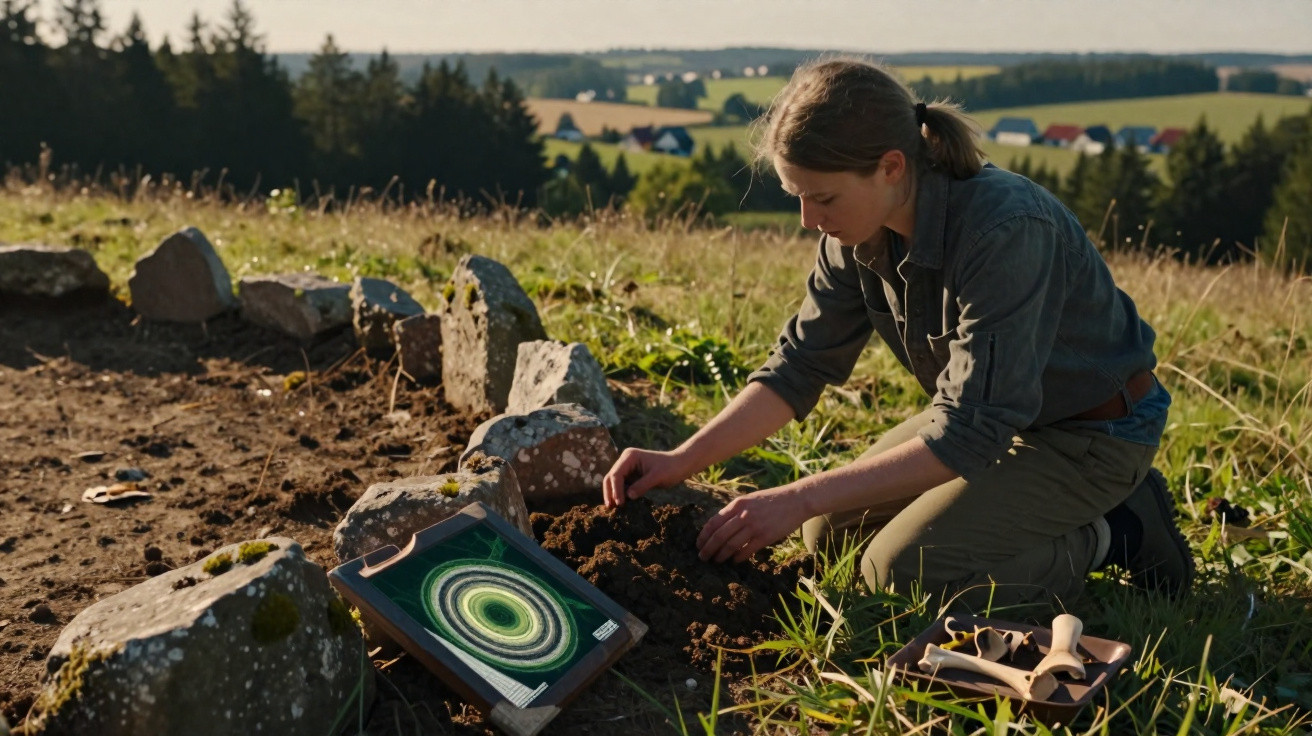 Mulher ajoelhada escava terra junto a pedras e tablet com visualização digital ao ar livre.