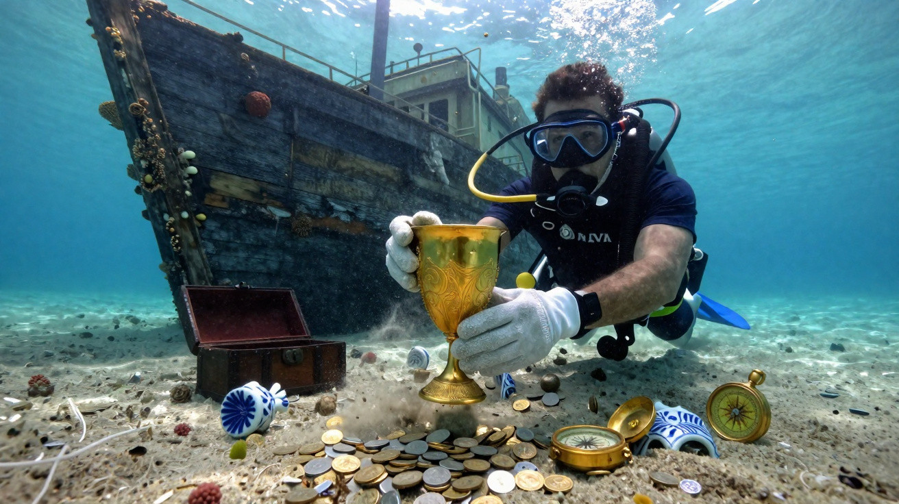 Mergulhador subaquático recolhe um cálice dourado perto de moedas e objetos antigos junto a um navio naufragado.