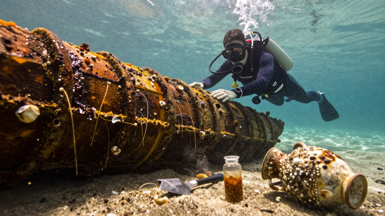 Mergulhador explora naufrágio antigo com artefactos arqueológicos no fundo do mar claro.