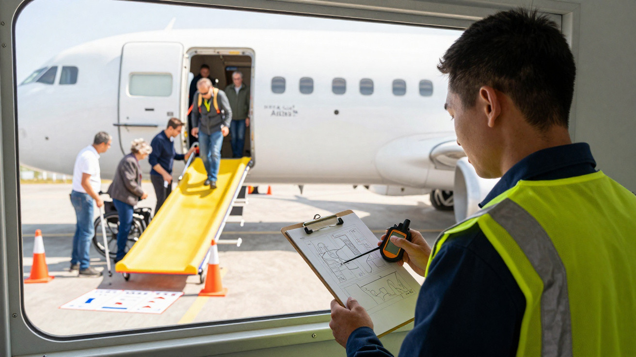 Funcionário de aeroporto com colete amarelo observa passageiros a entrar por rampa acessível num avião branco.