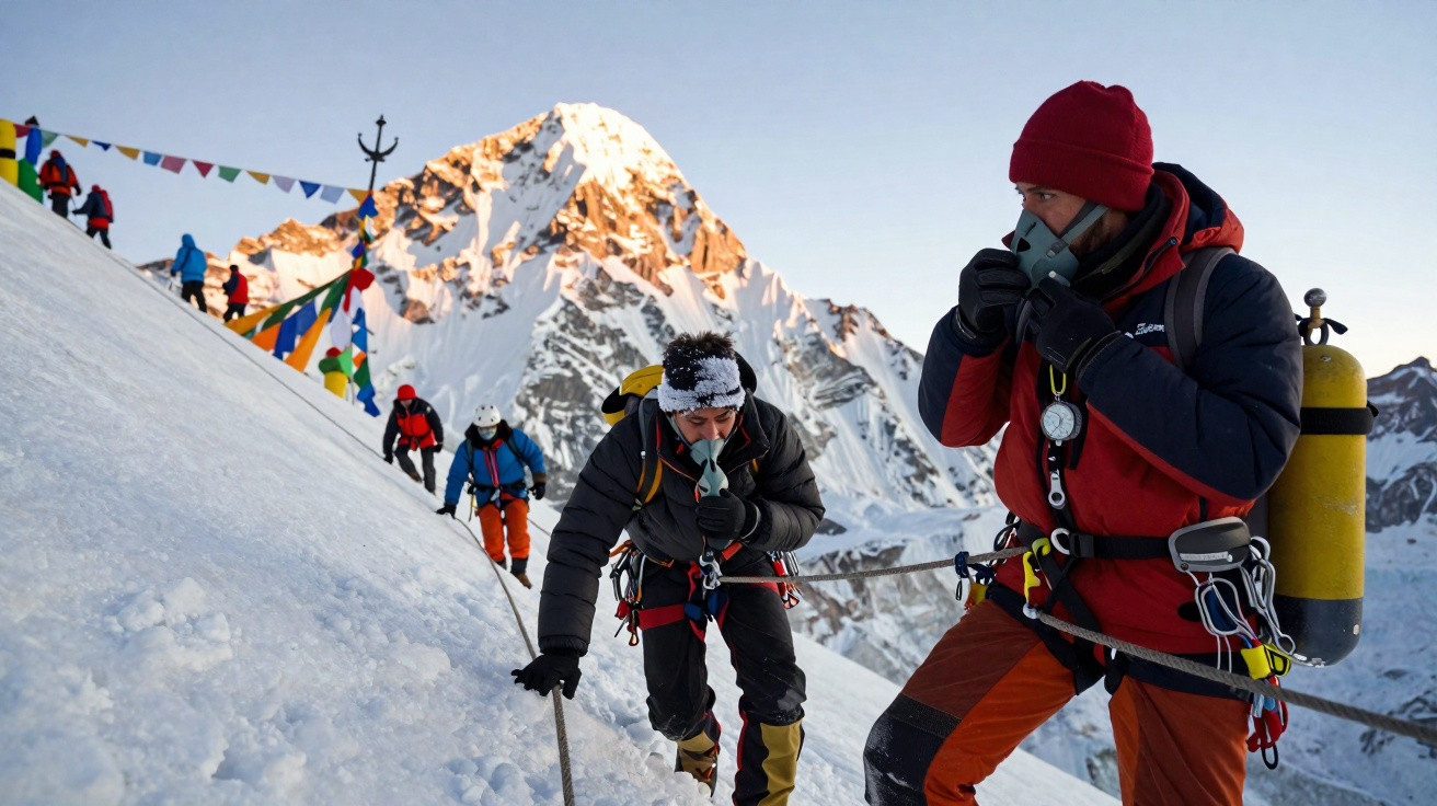 Dois alpinistas com equipamento de escalada e oxigênio sob montanha nevada ao amanhecer.