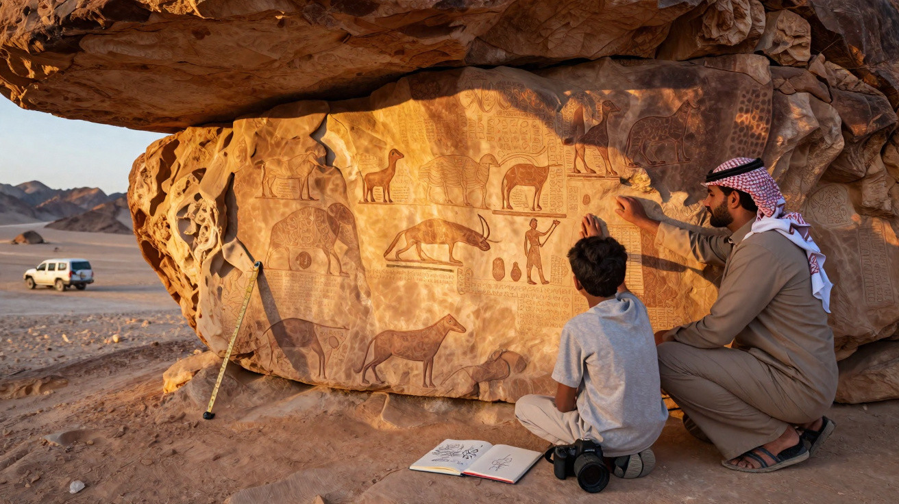 Homem e rapaz a estudar e copiar pinturas rupestres e hieróglifos em rocha no deserto.