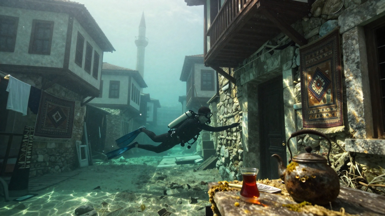 Mergulhador explora rua subaquática de vila antiga com edifícios de pedra e objetos quotidianos submersos.