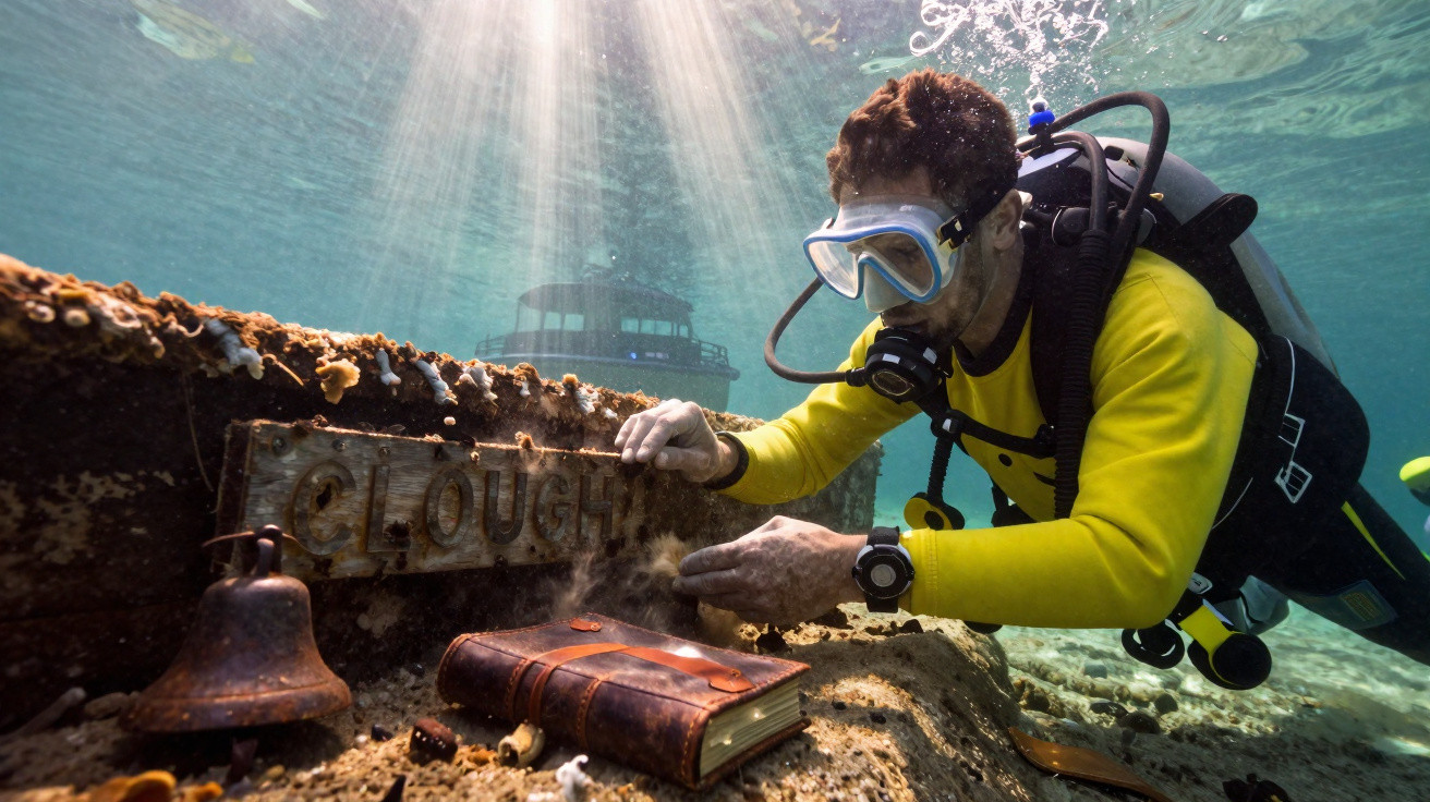 Mergulhador em fato amarelo a explorar destroços subaquáticos com um sino e um livro no fundo do mar.