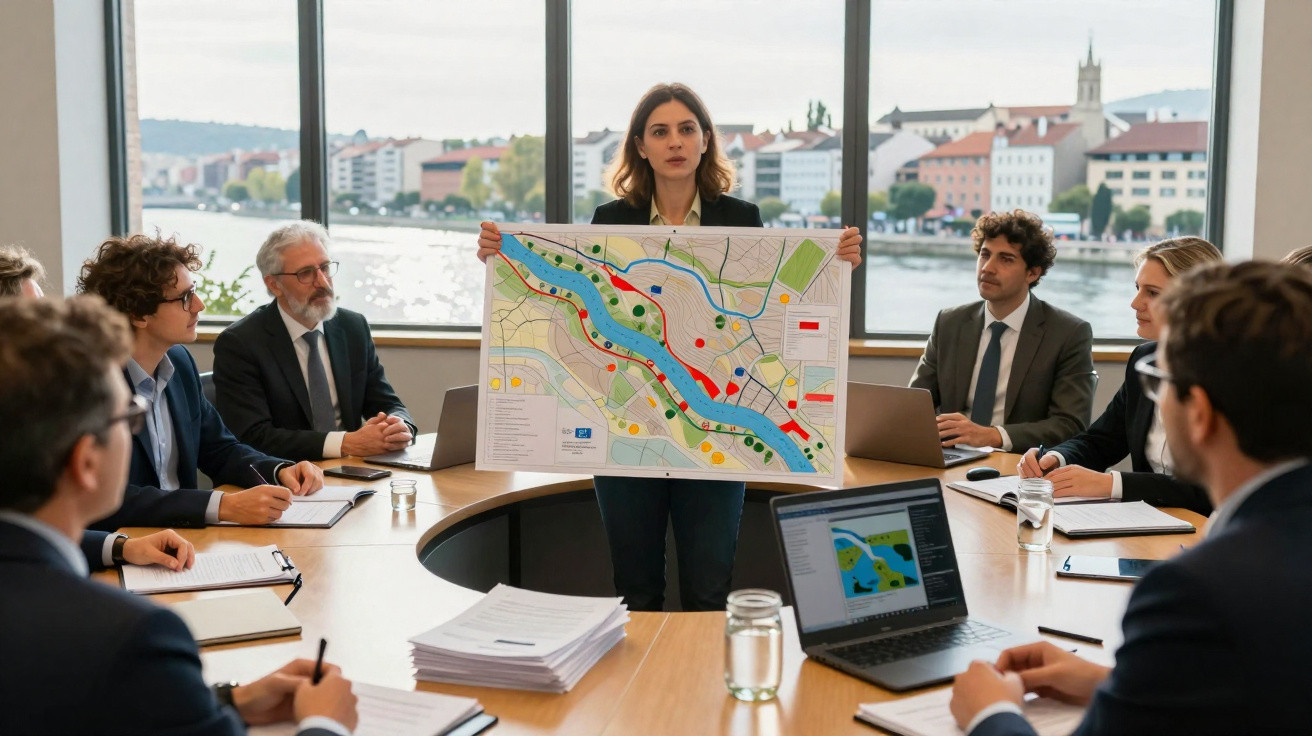 Mulher apresenta mapa urbano a grupo de pessoas numa reunião numa sala com janela grande.