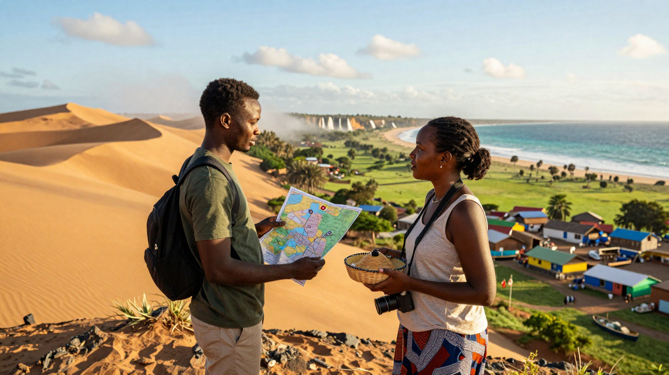 Casal jovem com mochila e mapa observa vila colorida junto ao mar e dunas sob céu azul com nuvens.