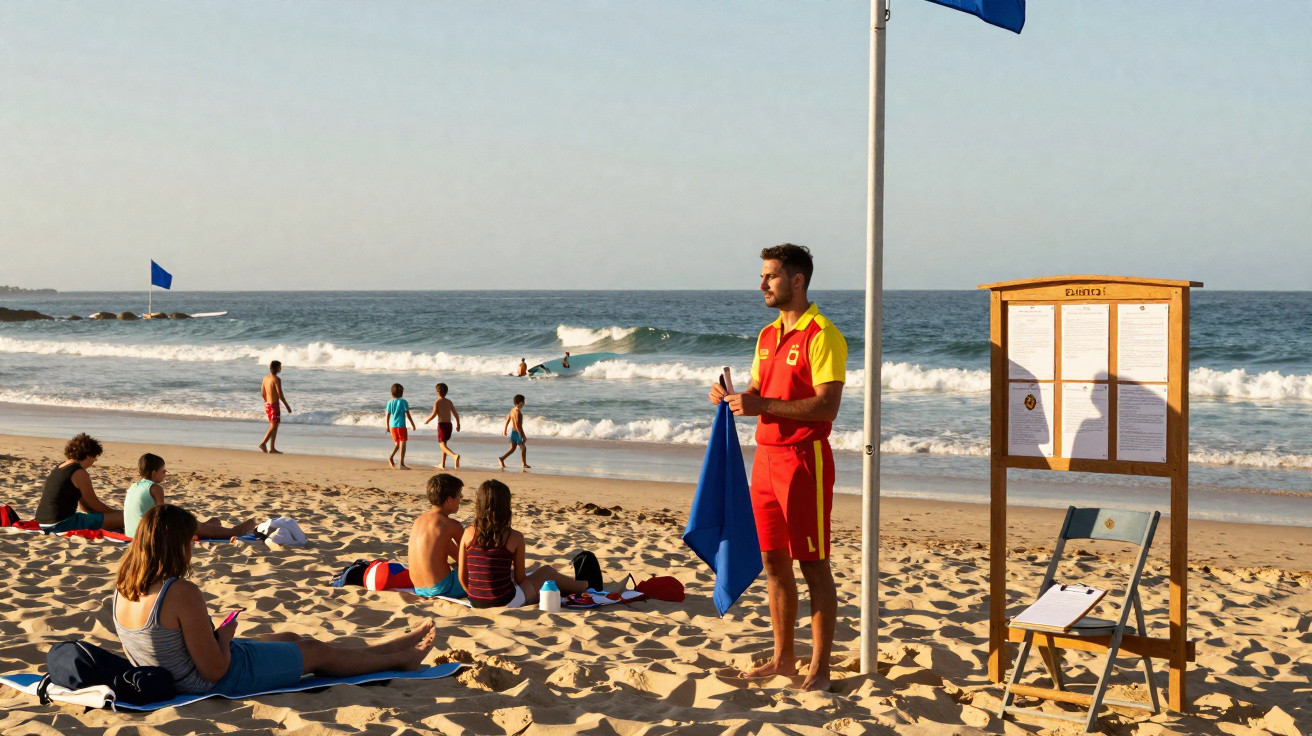 Salva-vidas na praia a segurar bandeira azul, com várias pessoas na areia e crianças junto ao mar.