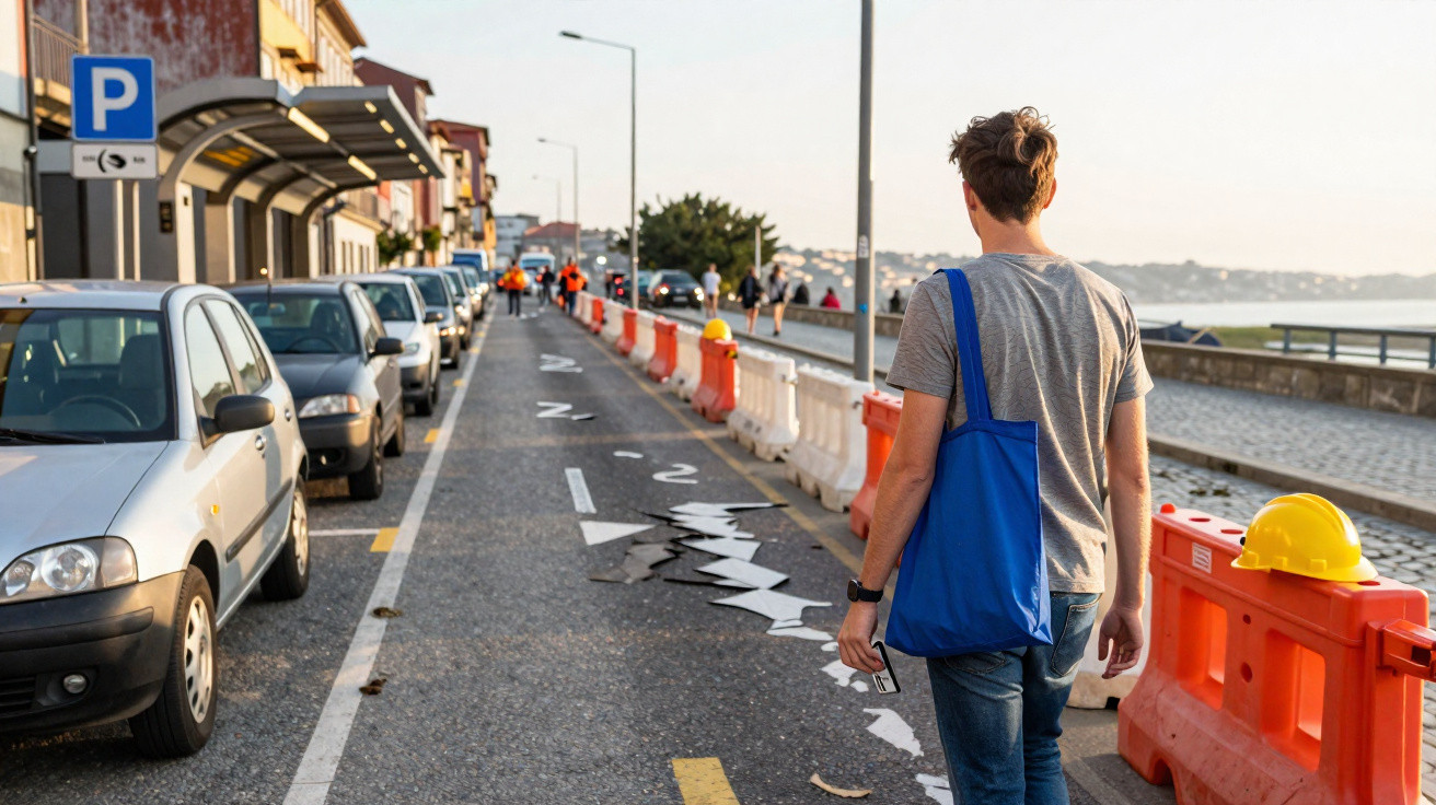 Jovem de costas com saco azul caminha numa rua junto a carros estacionados e barreira de obras com capacete amarelo.