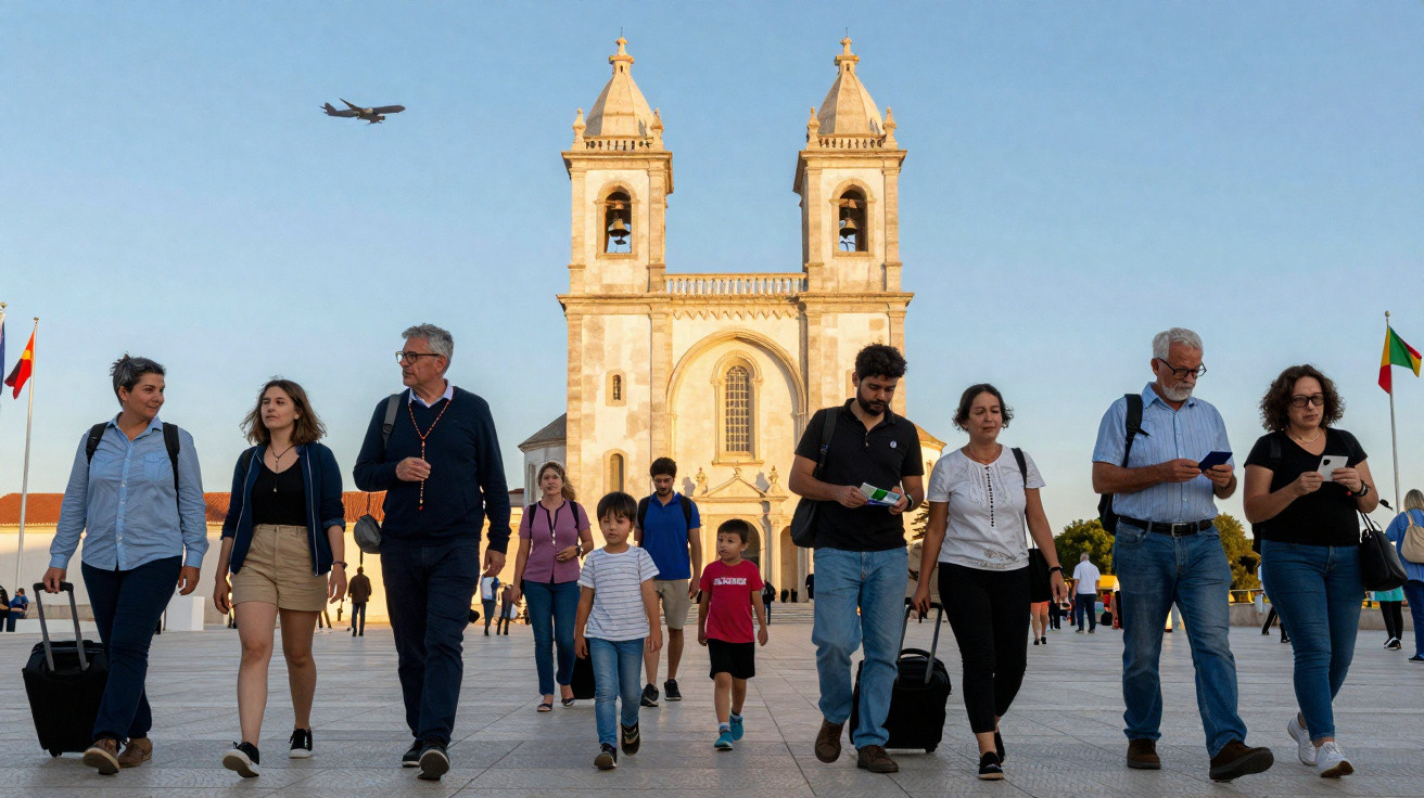 Pessoas a caminhar com malas junto a igreja histórica sob céu azul com avião a voar.